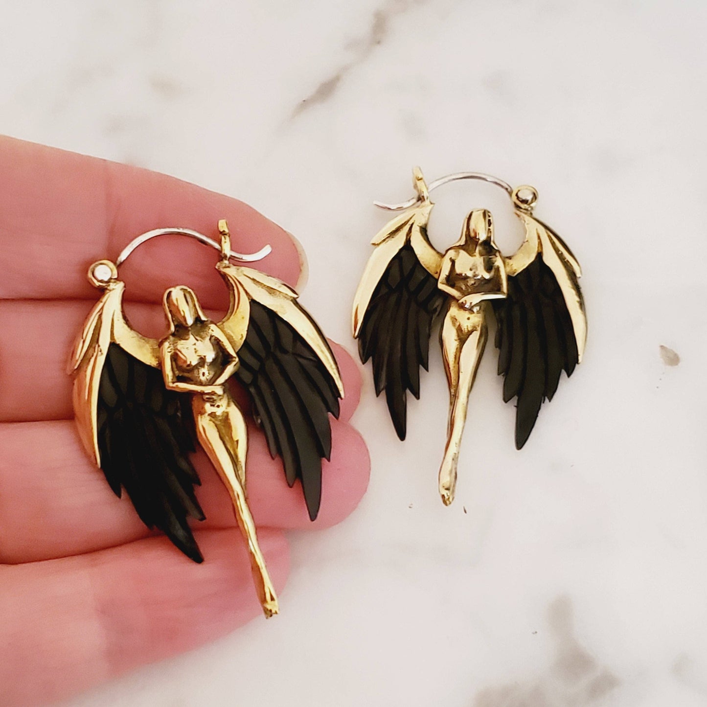 Dark Angel Hoop Earrings Carved in Bali .925 Ear Wire
