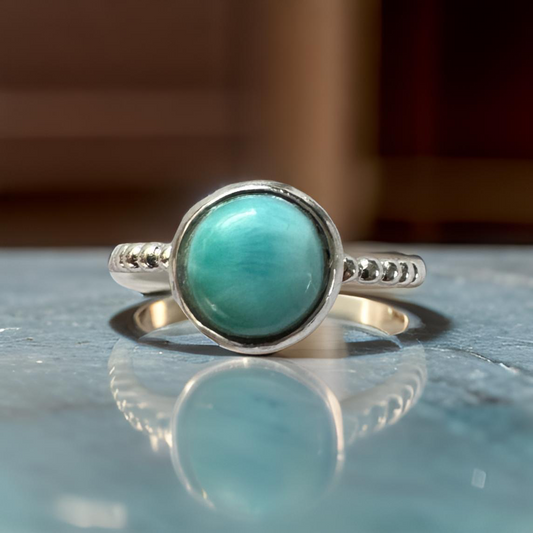 Larimar Ocean Stone Ring – Twisted Sterling Silver Band (Sz 8)