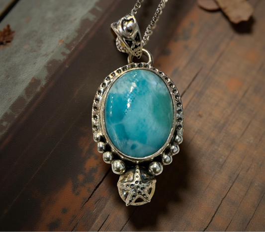 🌊 Ocean Soul Larimar Pendant – Sterling Silver Balinese Starfish Design