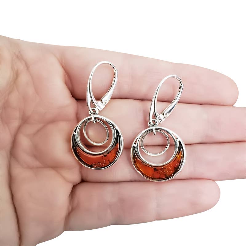 Moon Cognac Amber Sterling Silver Earrings On Hooks