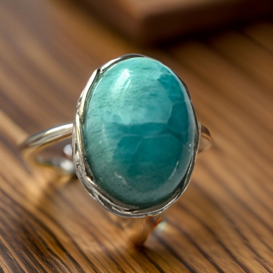 One of a Kind Large Oval Larimar Ring Sterling Silver Sz 9
