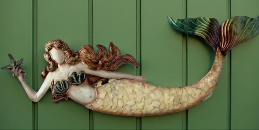 Galvanized Metal & Capiz Shell Mermaid with Star – 22” Horizontal Wall Art